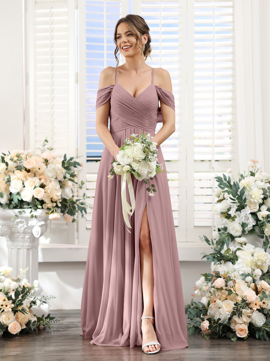 A-Line V-Neck Spaghetti Straps Split Side Floor-Length Chiffon Bridesmaid Dresses Mauve