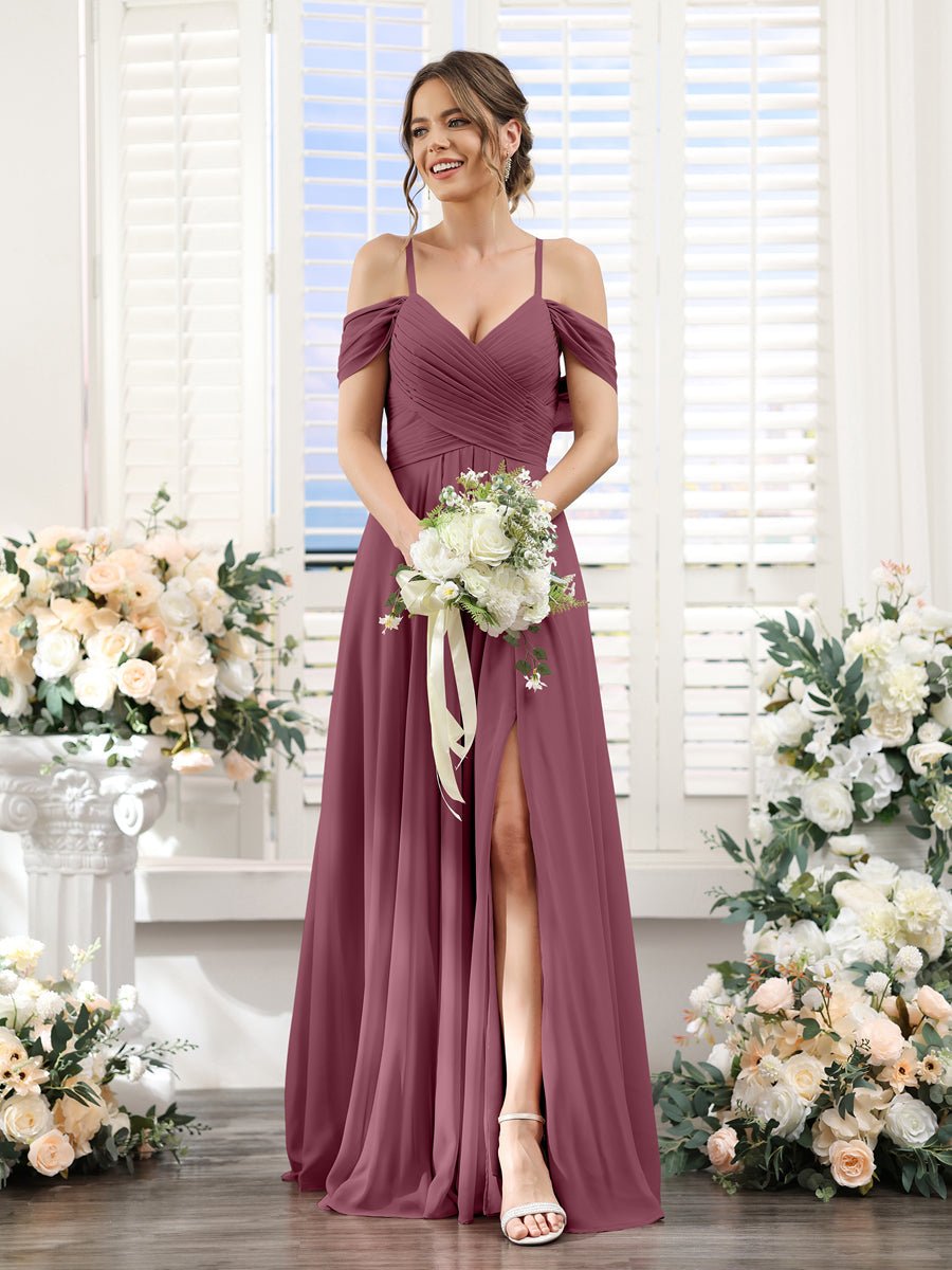 A-Line V-Neck Spaghetti Straps Split Side Floor-Length Chiffon Bridesmaid Dresses Mulberry