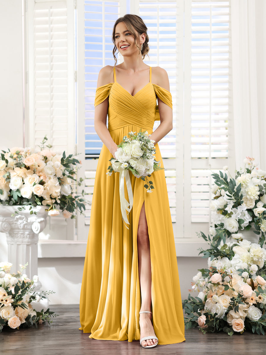 A-Line V-Neck Spaghetti Straps Split Side Floor-Length Chiffon Bridesmaid Dresses Mustard Yellow