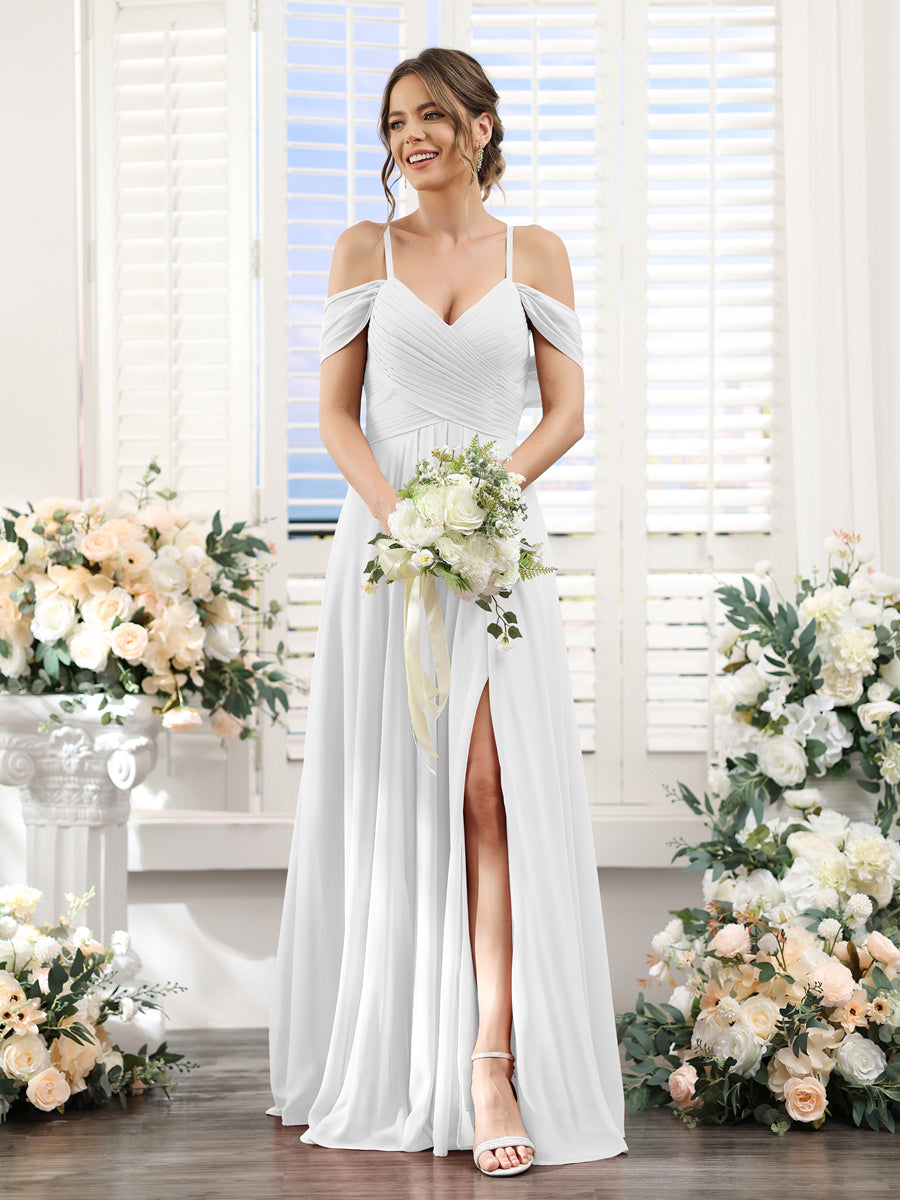 A-Line V-Neck Spaghetti Straps Split Side Floor-Length Chiffon Bridesmaid Dresses Off White