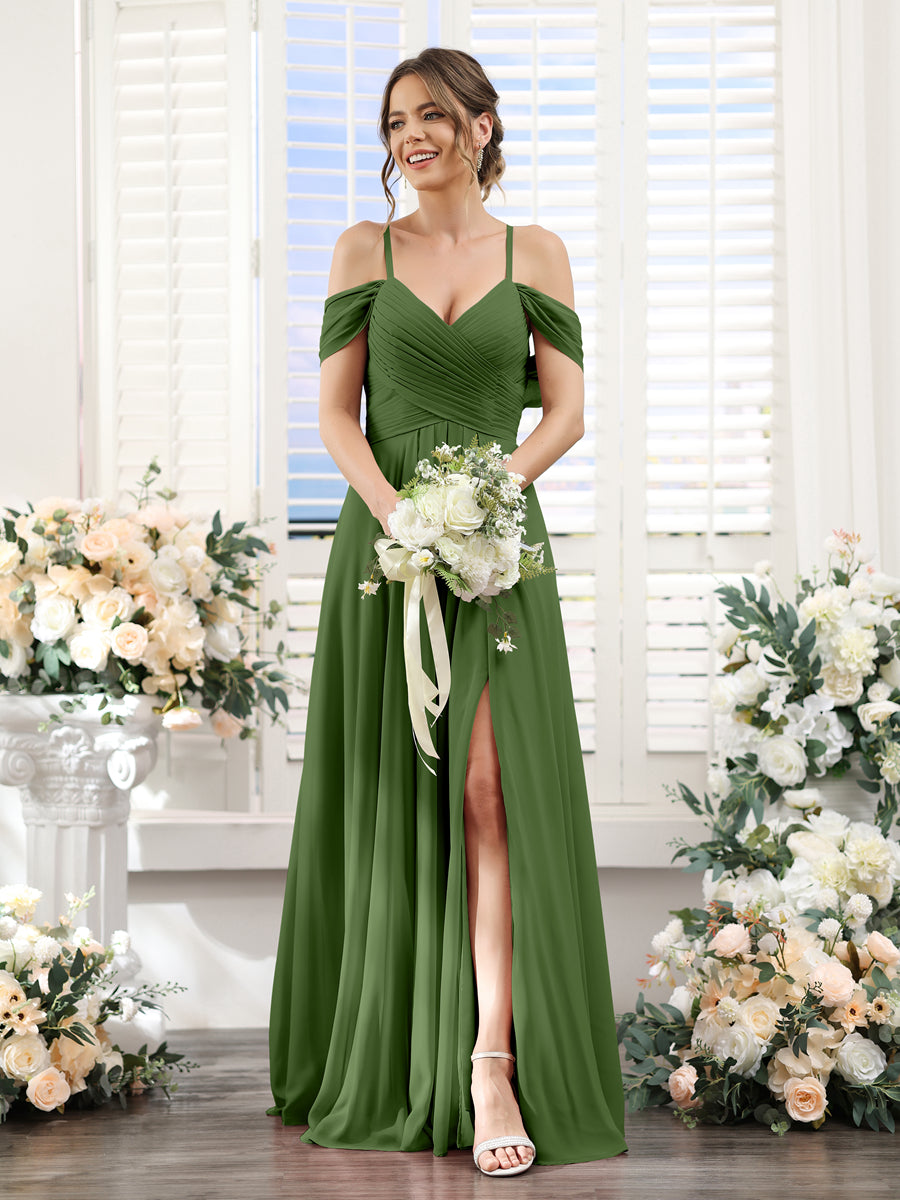 A-Line V-Neck Spaghetti Straps Split Side Floor-Length Chiffon Bridesmaid Dresses Olive Green