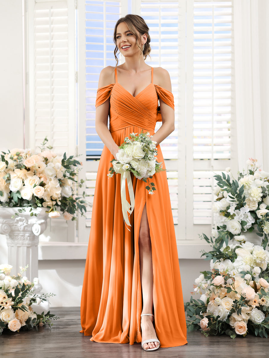 A-Line V-Neck Spaghetti Straps Split Side Floor-Length Chiffon Bridesmaid Dresses Orange