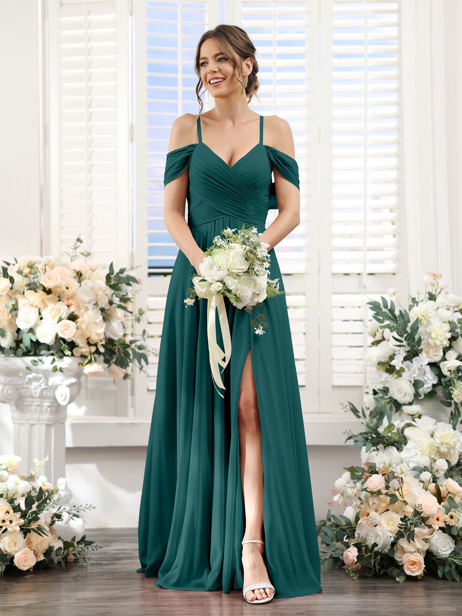 A-Line V-Neck Spaghetti Straps Split Side Floor-Length Chiffon Bridesmaid Dresses Peacock