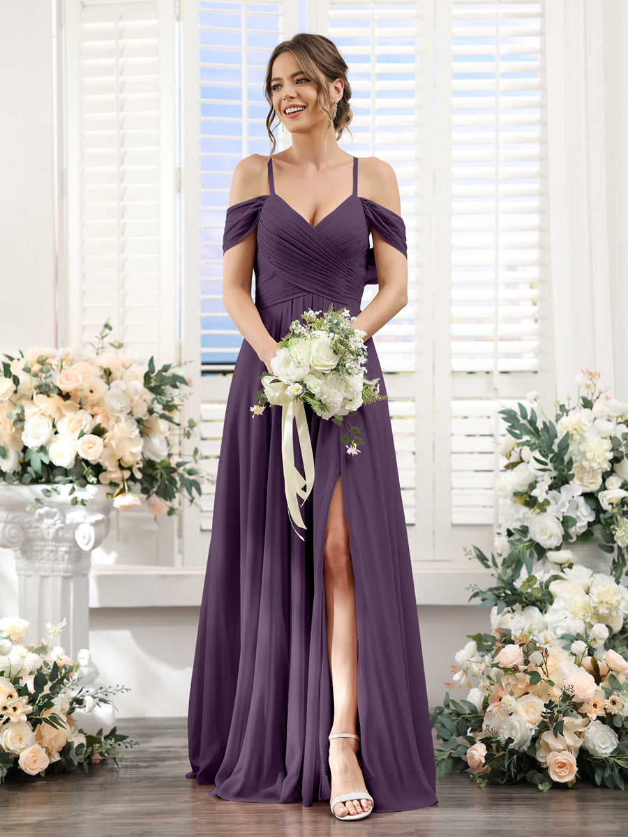 A-Line V-Neck Spaghetti Straps Split Side Floor-Length Chiffon Bridesmaid Dresses Plum