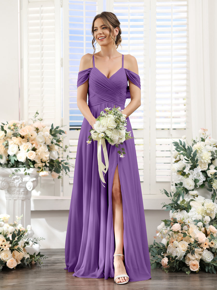 A-Line V-Neck Spaghetti Straps Split Side Floor-Length Chiffon Bridesmaid Dresses Purple