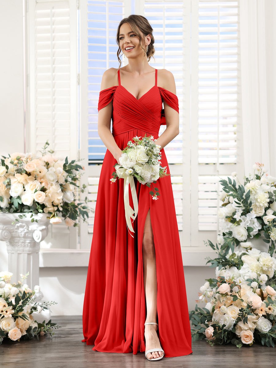 A-Line V-Neck Spaghetti Straps Split Side Floor-Length Chiffon Bridesmaid Dresses Red