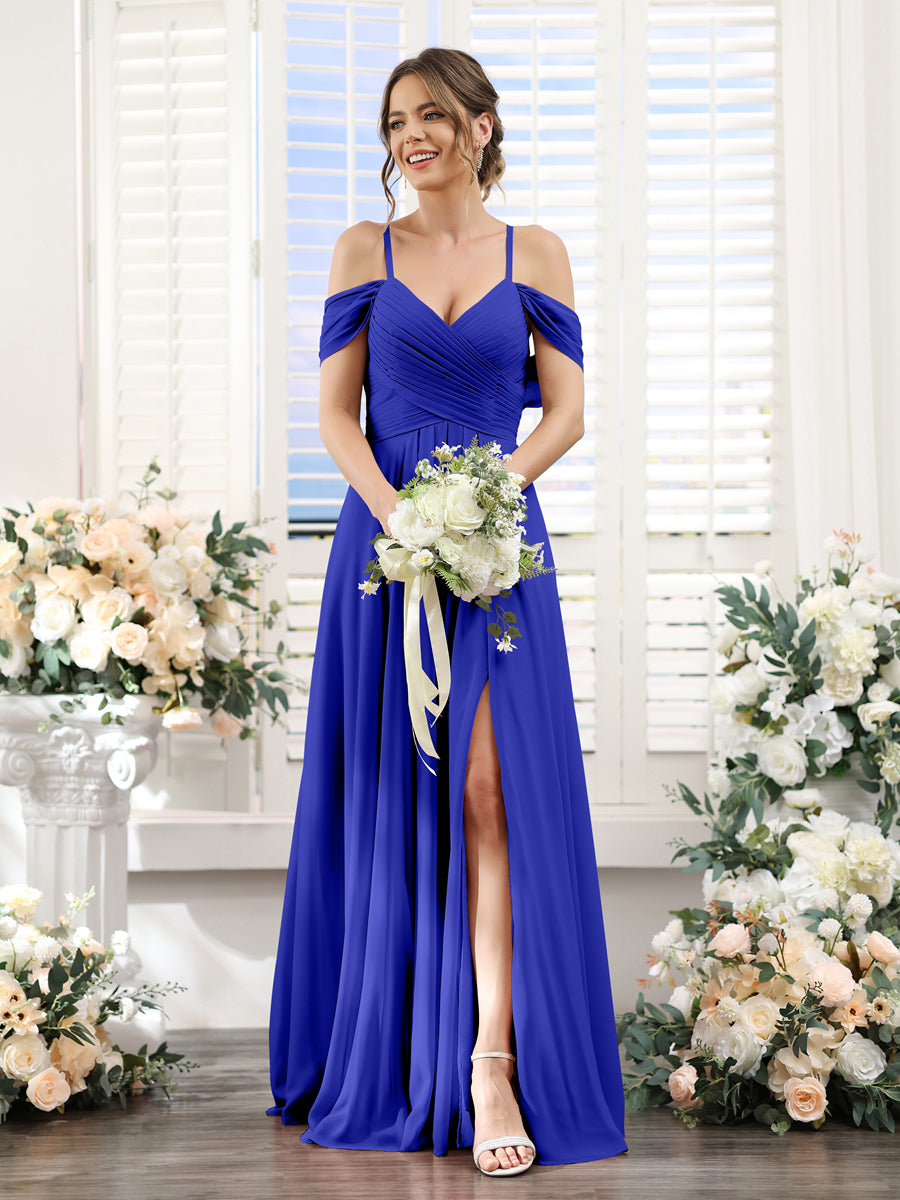 A-Line V-Neck Spaghetti Straps Split Side Floor-Length Chiffon Bridesmaid Dresses Royal Blue