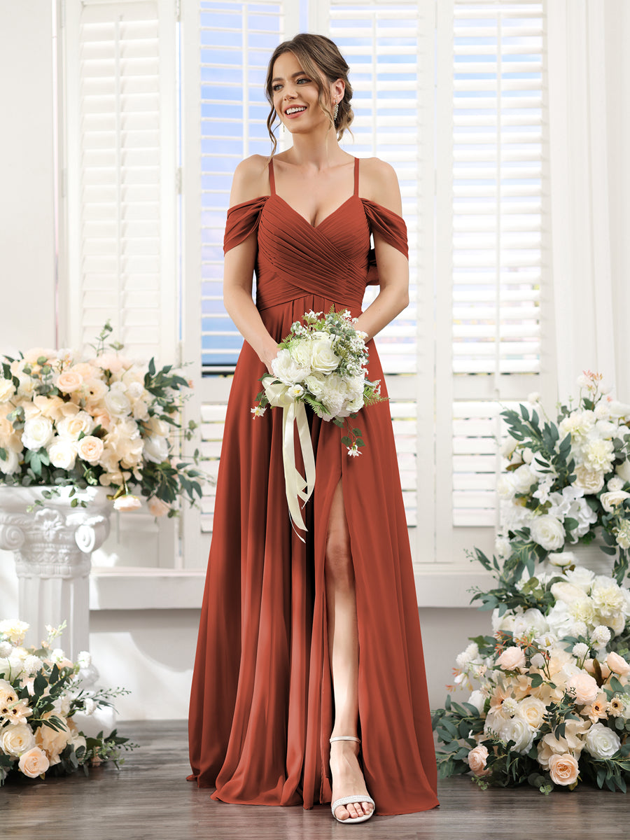 A-Line V-Neck Spaghetti Straps Split Side Floor-Length Chiffon Bridesmaid Dresses Rust
