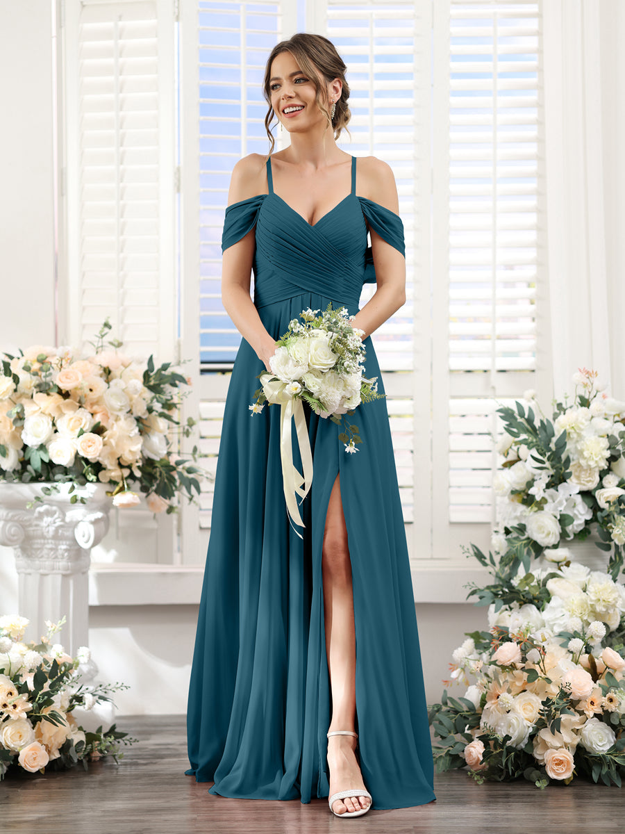 A-Line V-Neck Spaghetti Straps Split Side Floor-Length Chiffon Bridesmaid Dresses Teal