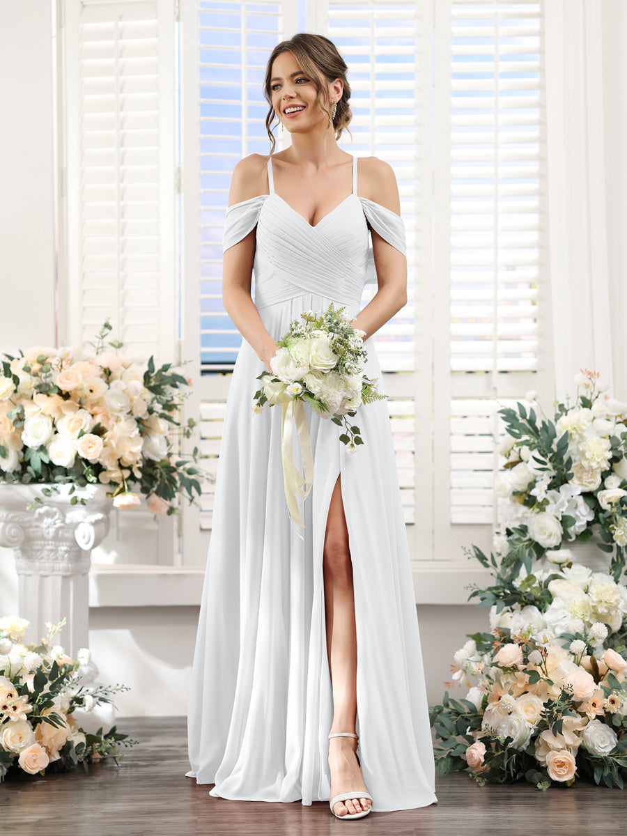 A-Line V-Neck Spaghetti Straps Split Side Floor-Length Chiffon Bridesmaid Dresses White