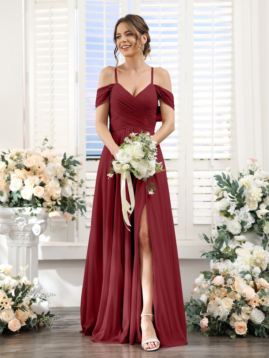 A-Line V-Neck Spaghetti Straps Split Side Floor-Length Chiffon Bridesmaid Dresses Wine Red