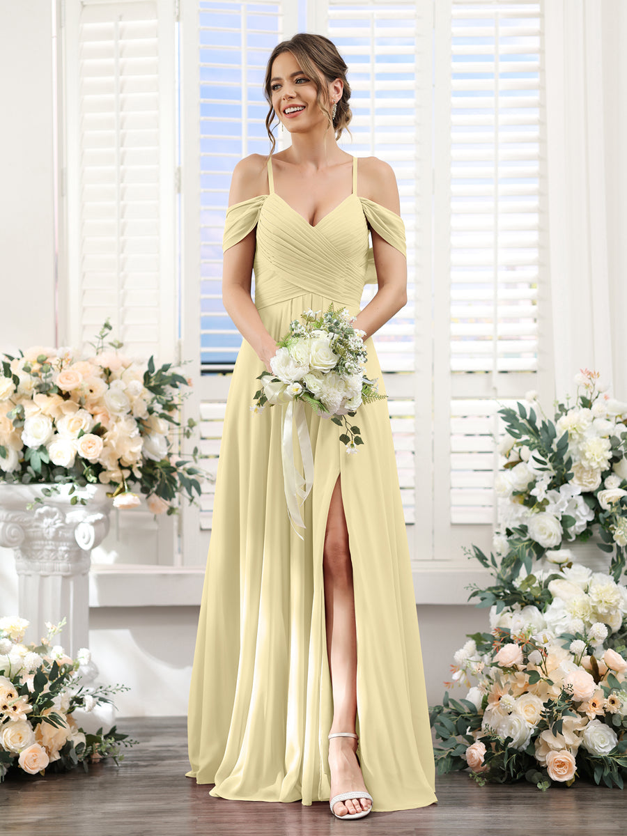 A-Line V-Neck Spaghetti Straps Split Side Floor-Length Chiffon Bridesmaid Dresses Yellow