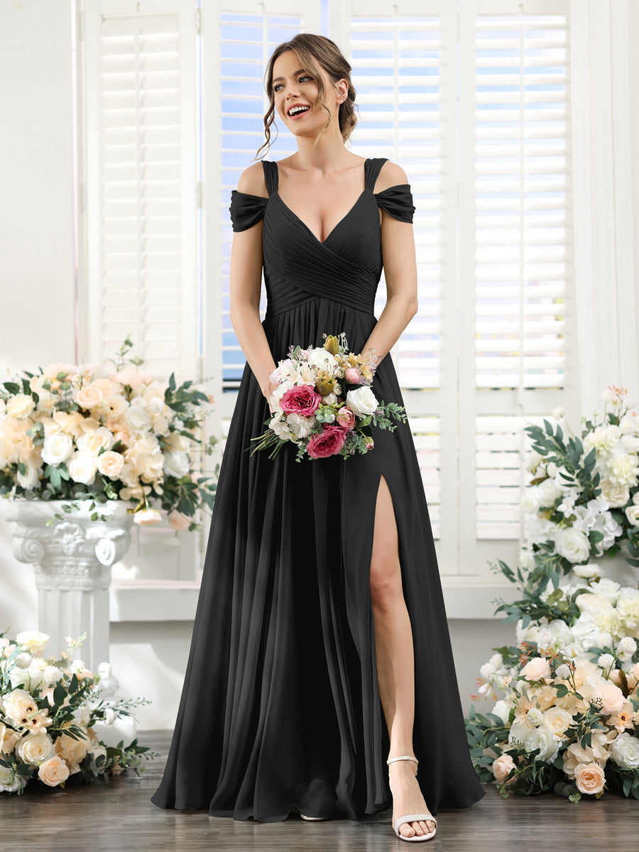 A-Line V-Neck Split Side Ruched Floor-Length Chiffon Bridesmaid Dresses Black