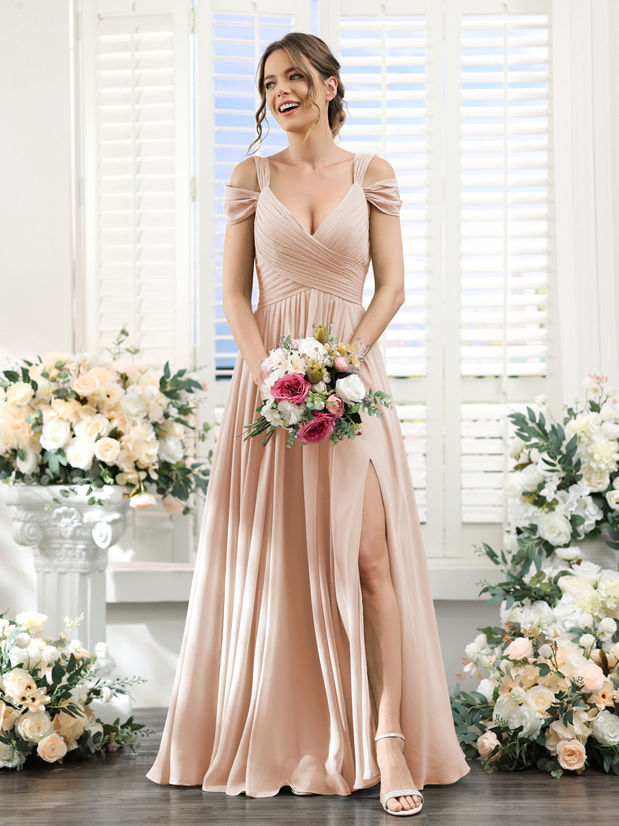 A-Line V-Neck Split Side Ruched Floor-Length Chiffon Bridesmaid Dresses Blush Pink