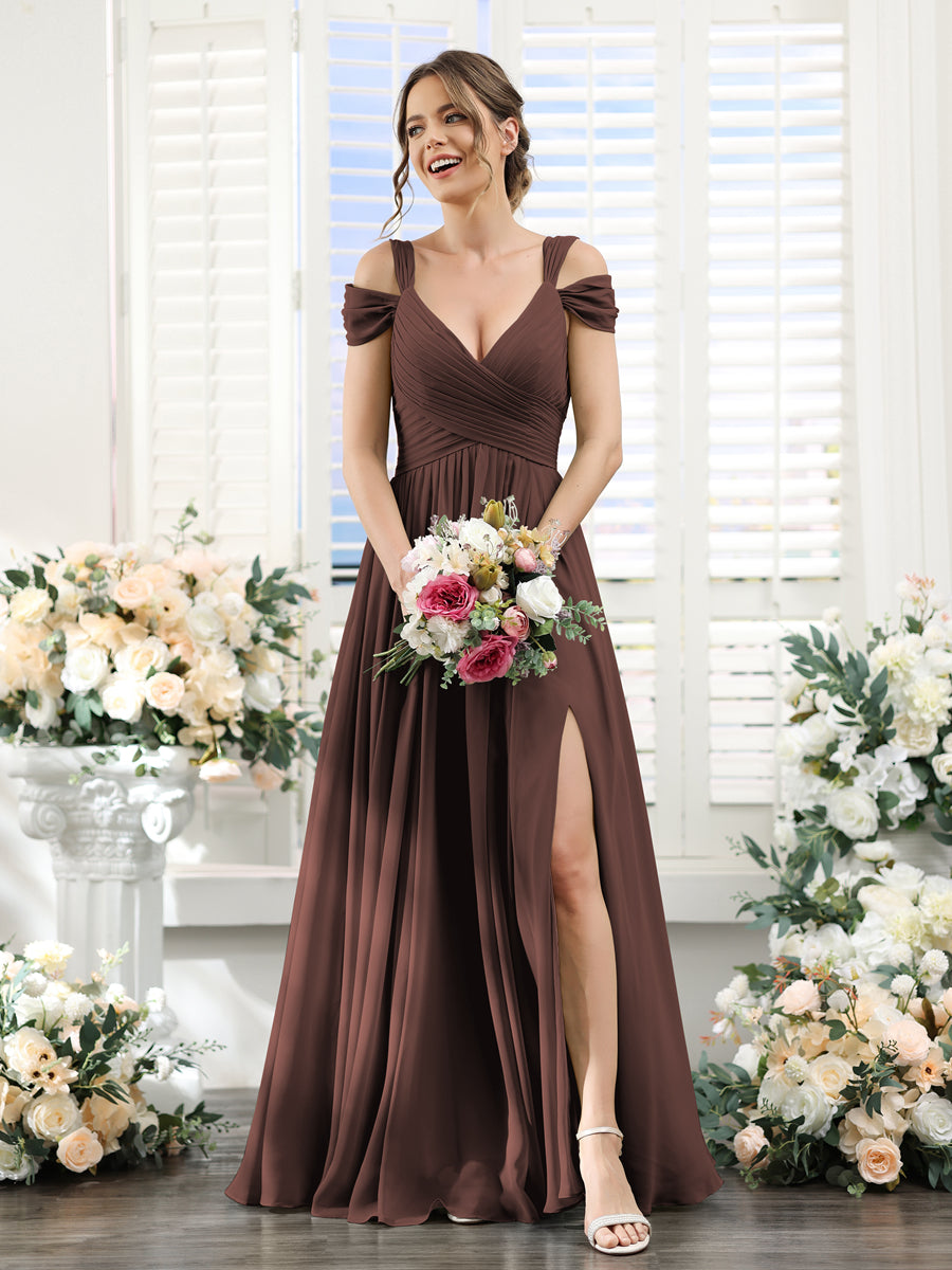 A-Line V-Neck Split Side Ruched Floor-Length Chiffon Bridesmaid Dresses Brown