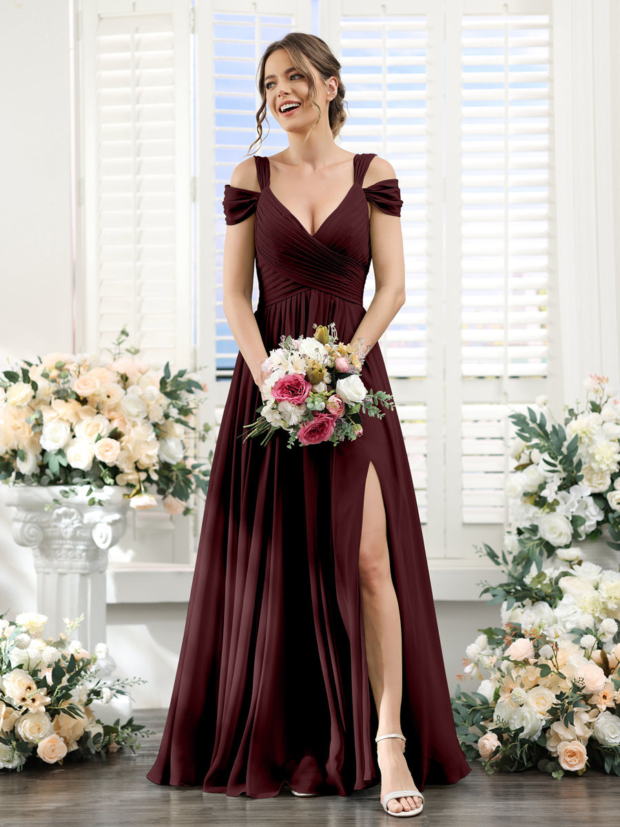 A-Line V-Neck Split Side Ruched Floor-Length Chiffon Bridesmaid Dresses Burgundy