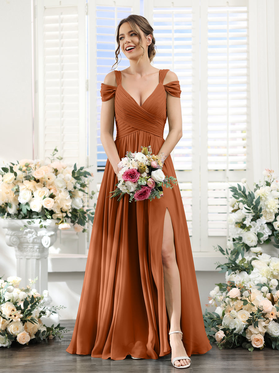 A-Line V-Neck Split Side Ruched Floor-Length Chiffon Bridesmaid Dresses Burnt Orange