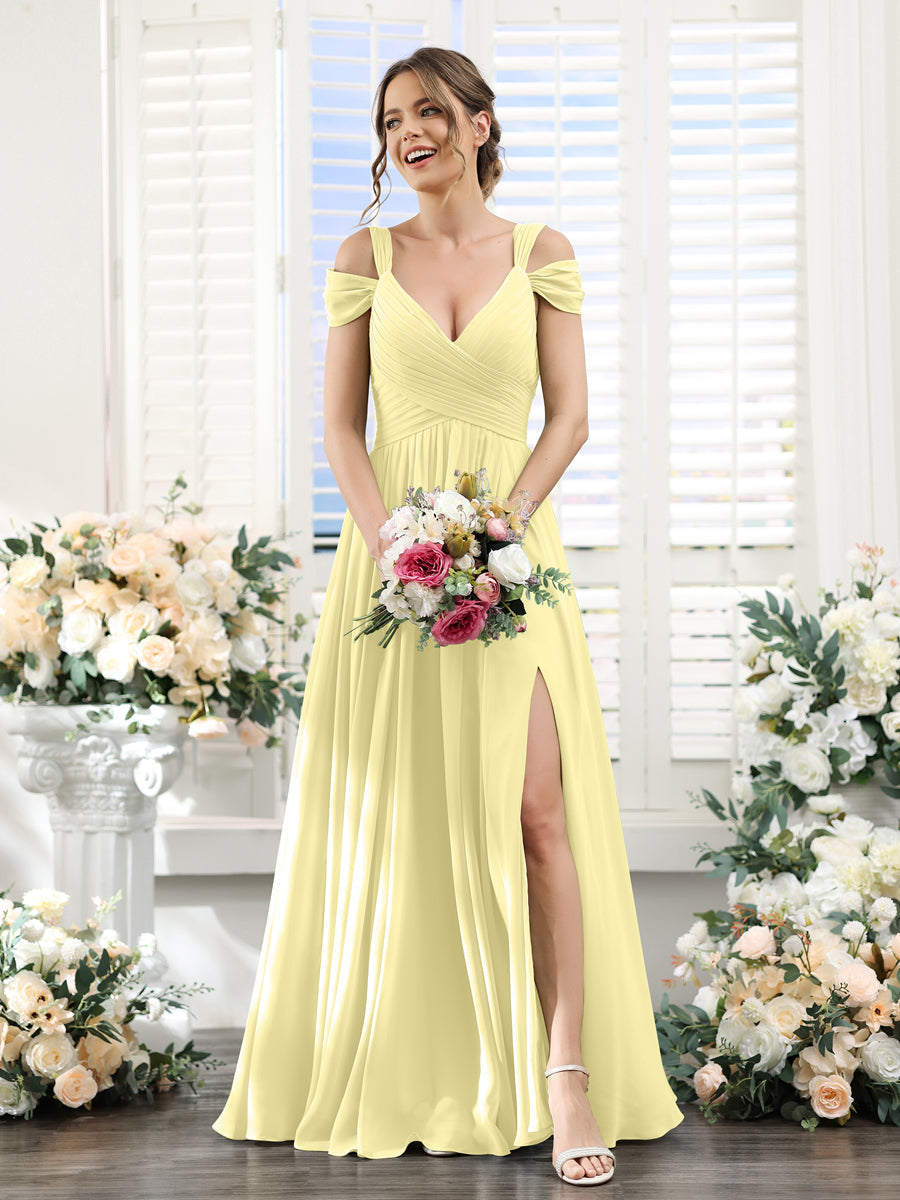 A-Line V-Neck Split Side Ruched Floor-Length Chiffon Bridesmaid Dresses Canary