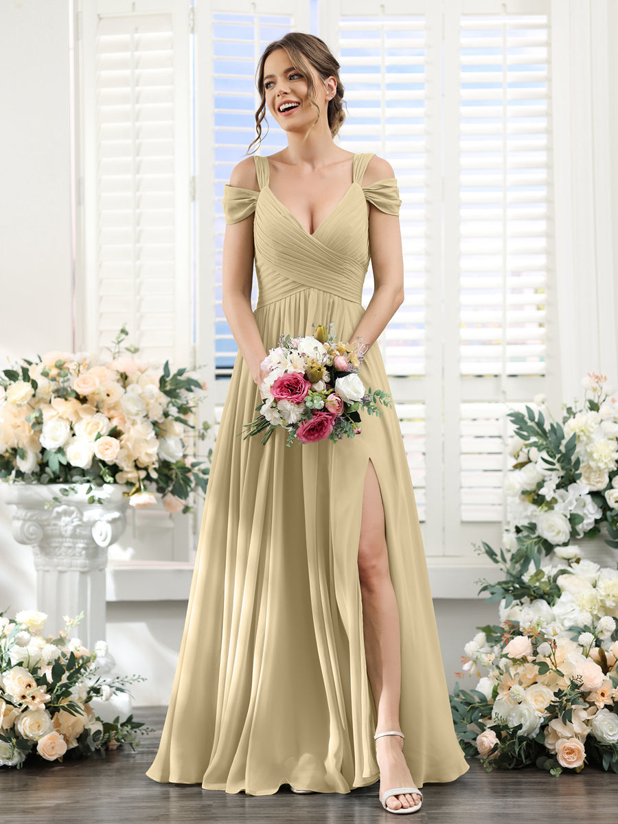 A-Line V-Neck Split Side Ruched Floor-Length Chiffon Bridesmaid Dresses Champagne