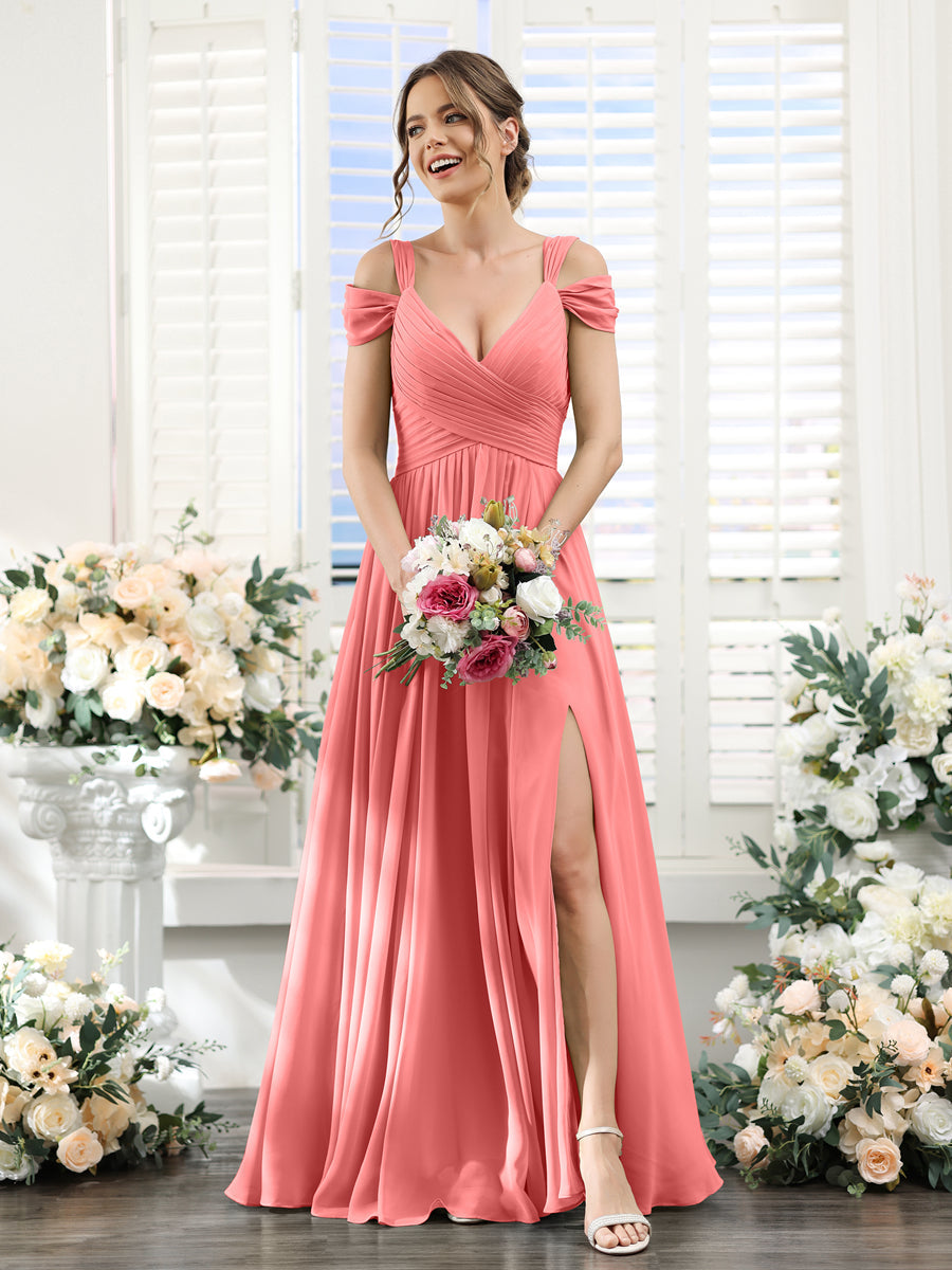 A-Line V-Neck Split Side Ruched Floor-Length Chiffon Bridesmaid Dresses Coral