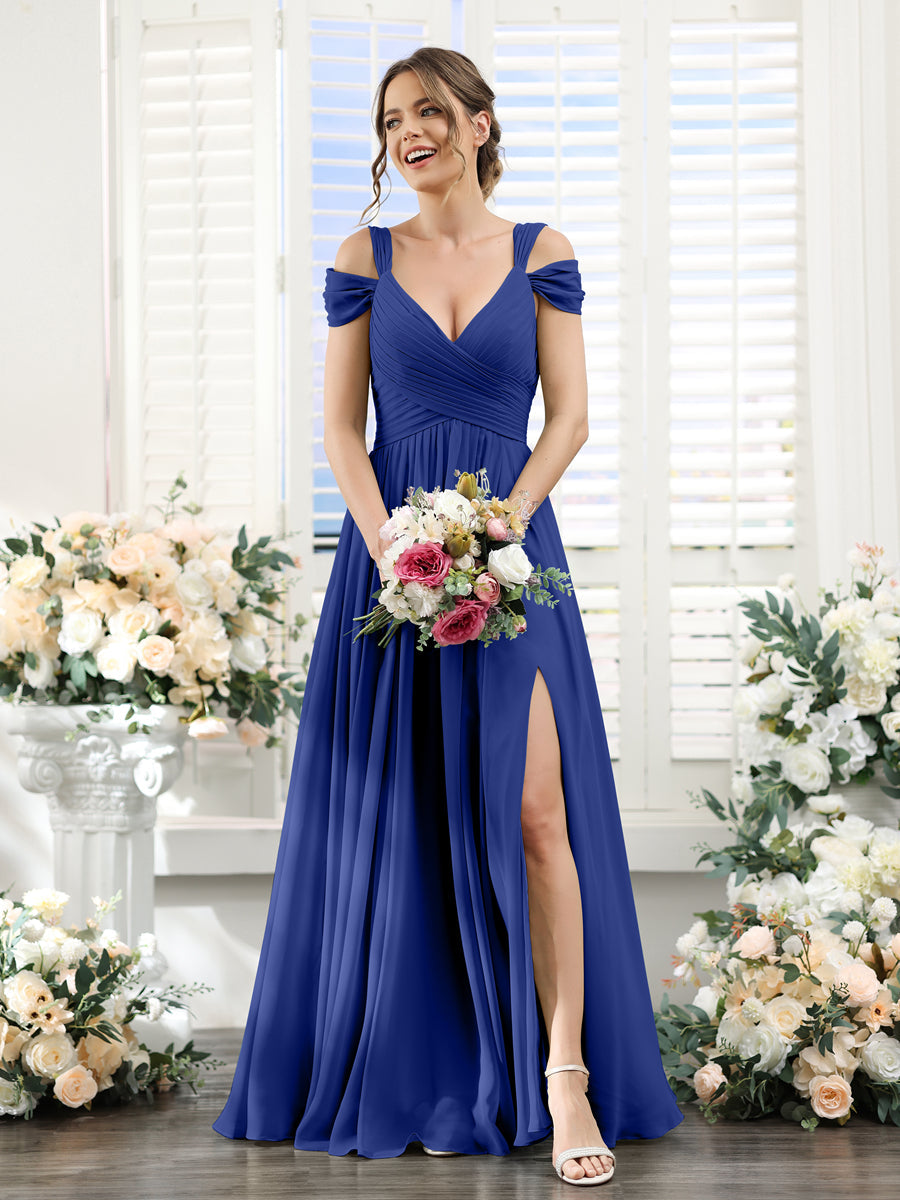 A-Line V-Neck Split Side Ruched Floor-Length Chiffon Bridesmaid Dresses Dark Royal Blue