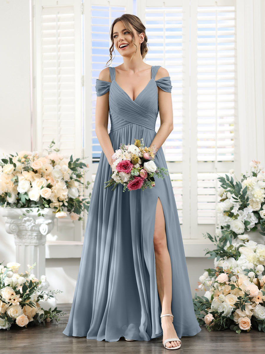 A-Line V-Neck Split Side Ruched Floor-Length Chiffon Bridesmaid Dresses Dusty Blue
