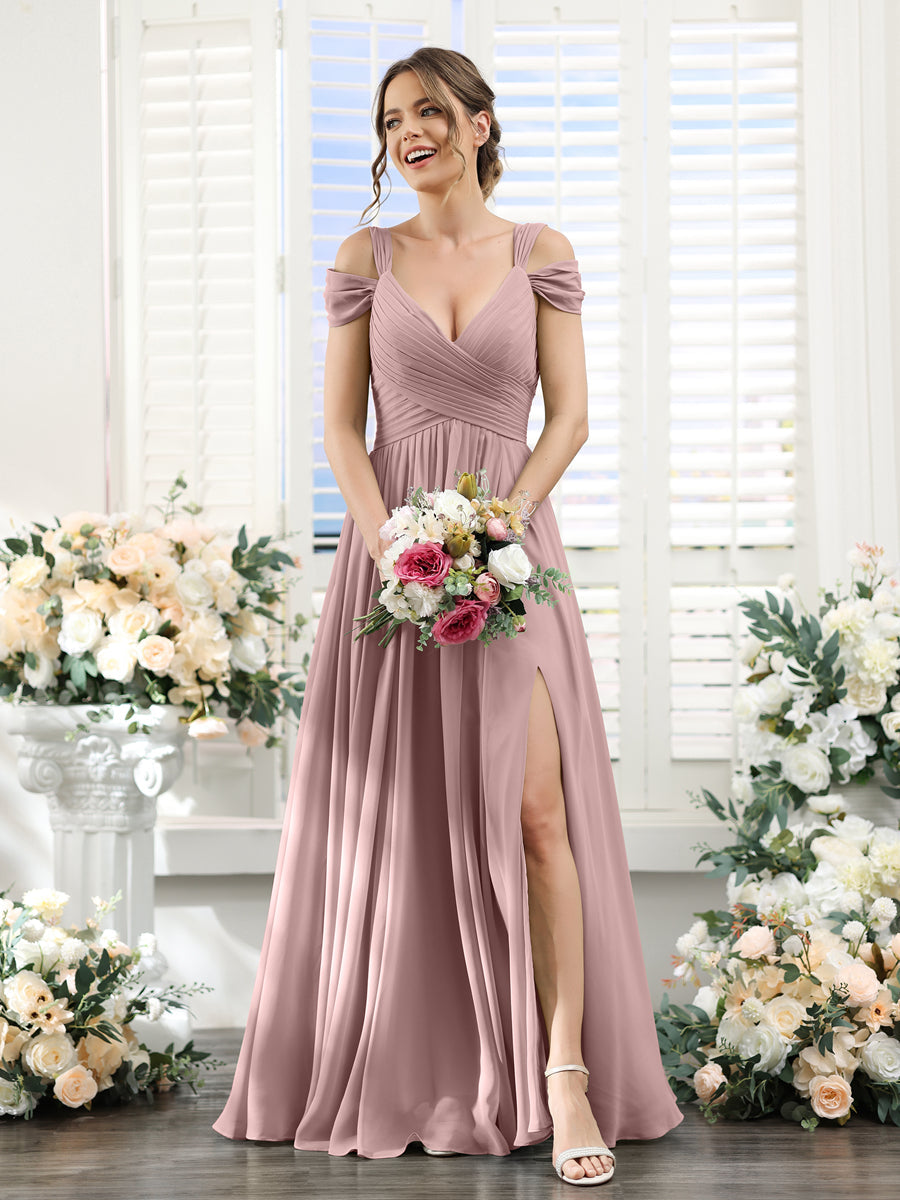 A-Line V-Neck Split Side Ruched Floor-Length Chiffon Bridesmaid Dresses Dusty Pink