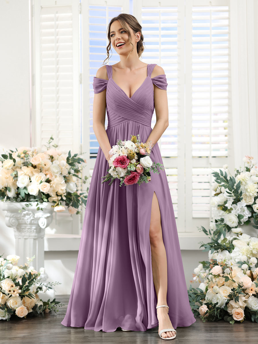 A-Line V-Neck Split Side Ruched Floor-Length Chiffon Bridesmaid Dresses Dusty Purple