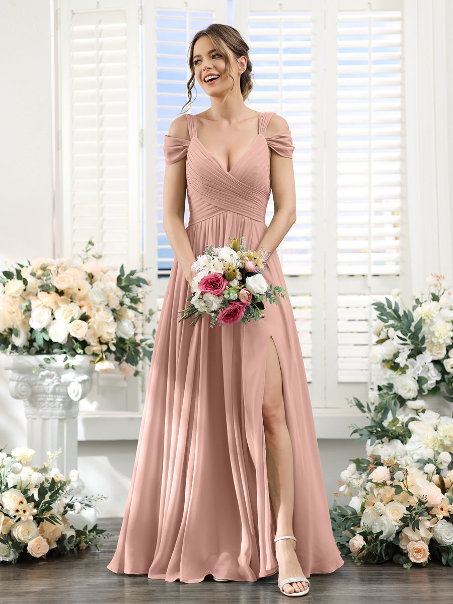 A-Line V-Neck Split Side Ruched Floor-Length Chiffon Bridesmaid Dresses Dusty Rose