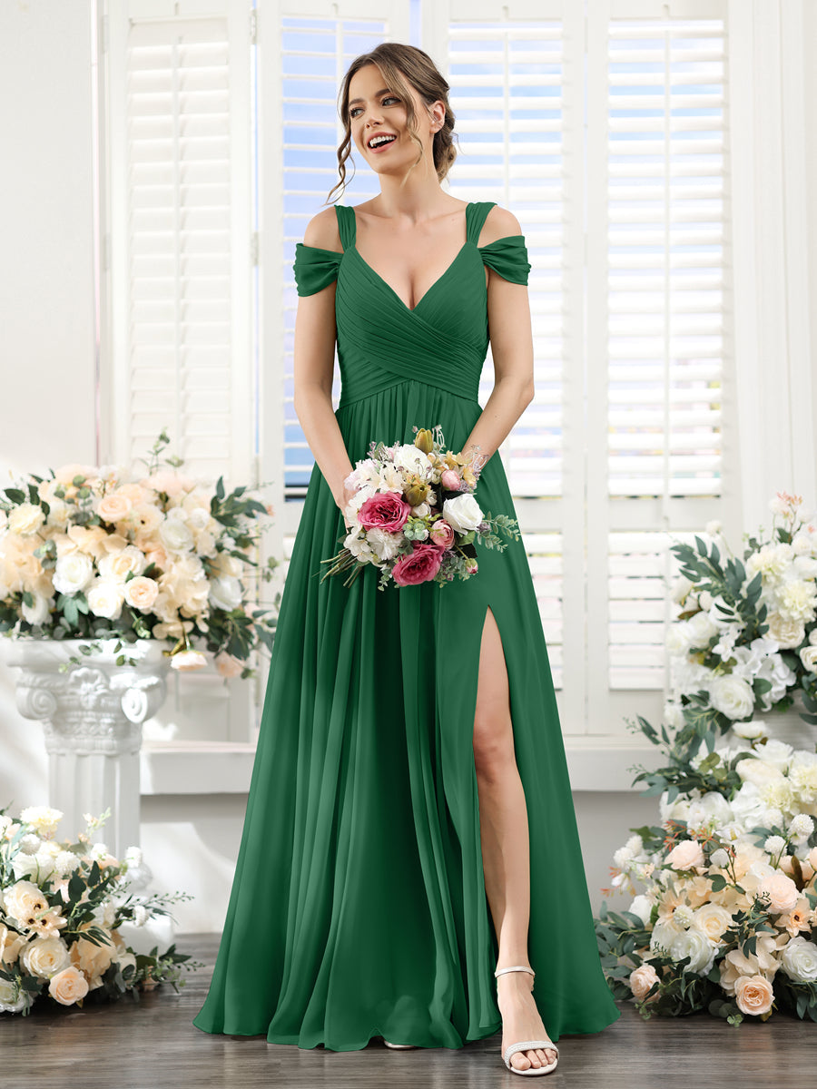 A-Line V-Neck Split Side Ruched Floor-Length Chiffon Bridesmaid Dresses Emerald