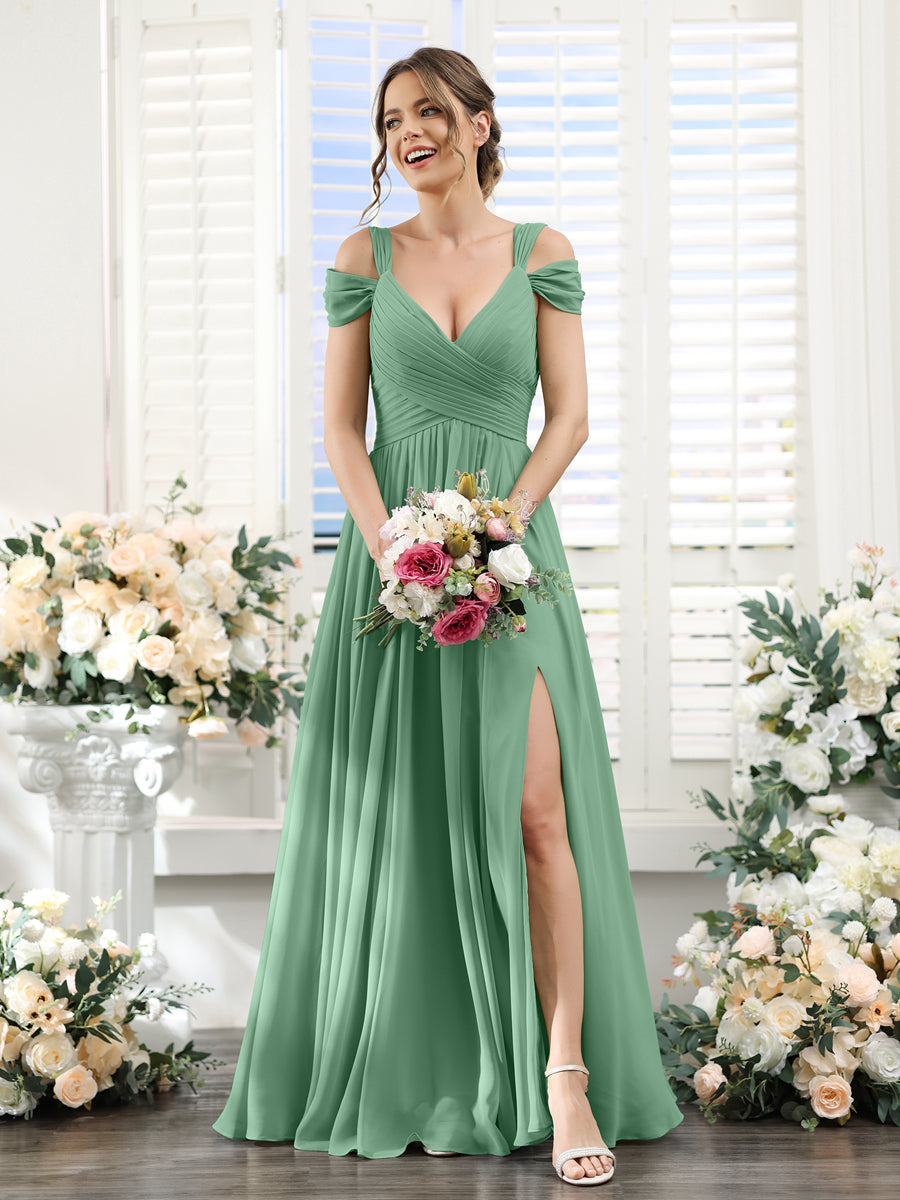 A-Line V-Neck Split Side Ruched Floor-Length Chiffon Bridesmaid Dresses Eucalyptus