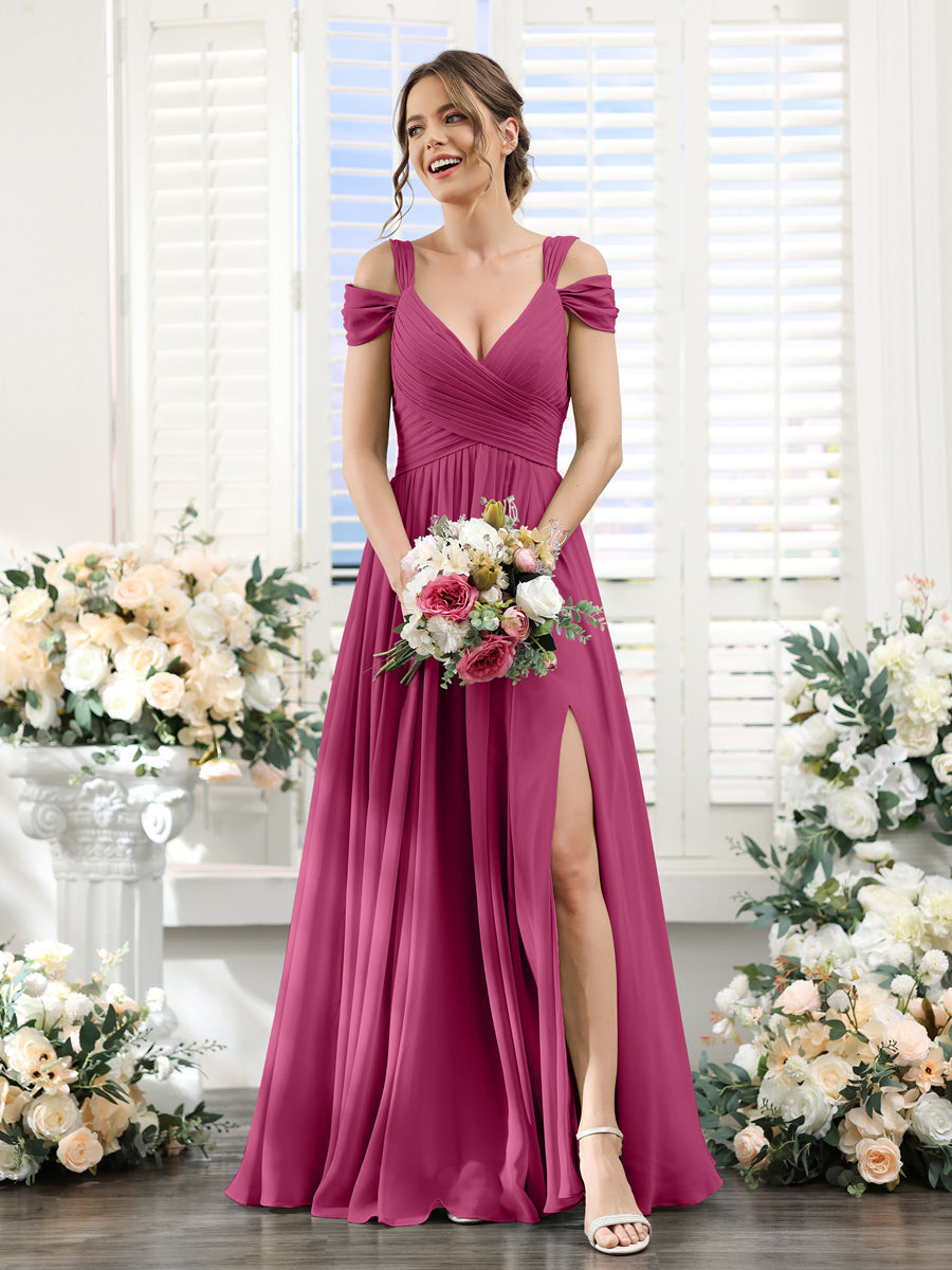 A-Line V-Neck Split Side Ruched Floor-Length Chiffon Bridesmaid Dresses Fuchsia