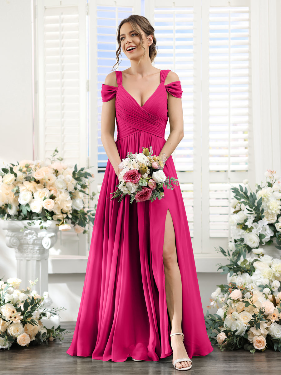 A-Line V-Neck Split Side Ruched Floor-Length Chiffon Bridesmaid Dresses Fuchsia Pink