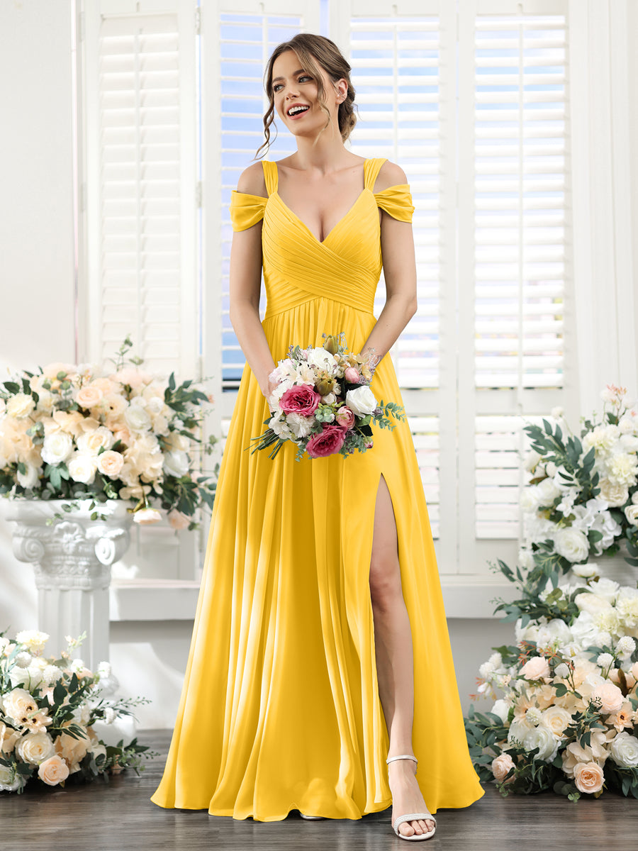 A-Line V-Neck Split Side Ruched Floor-Length Chiffon Bridesmaid Dresses Gold