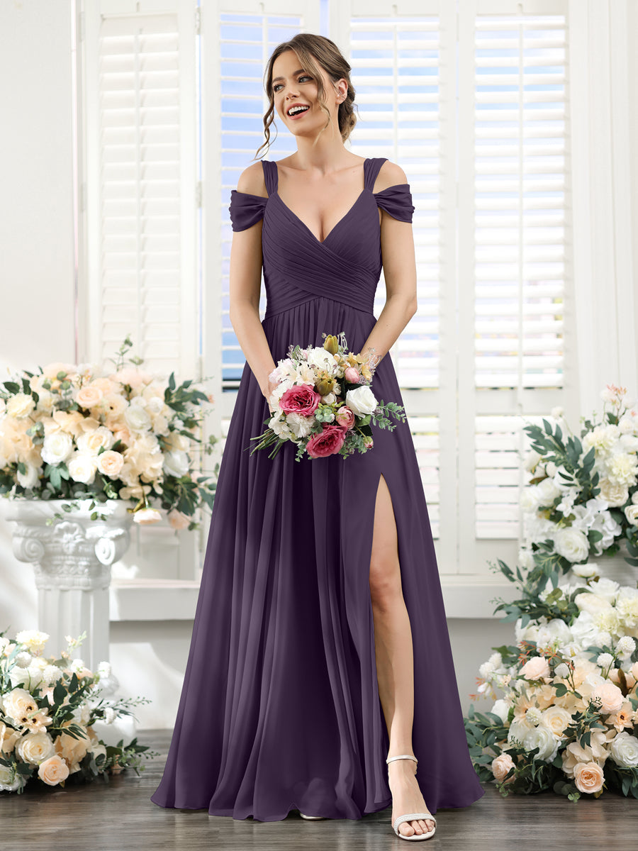 A-Line V-Neck Split Side Ruched Floor-Length Chiffon Bridesmaid Dresses Grape