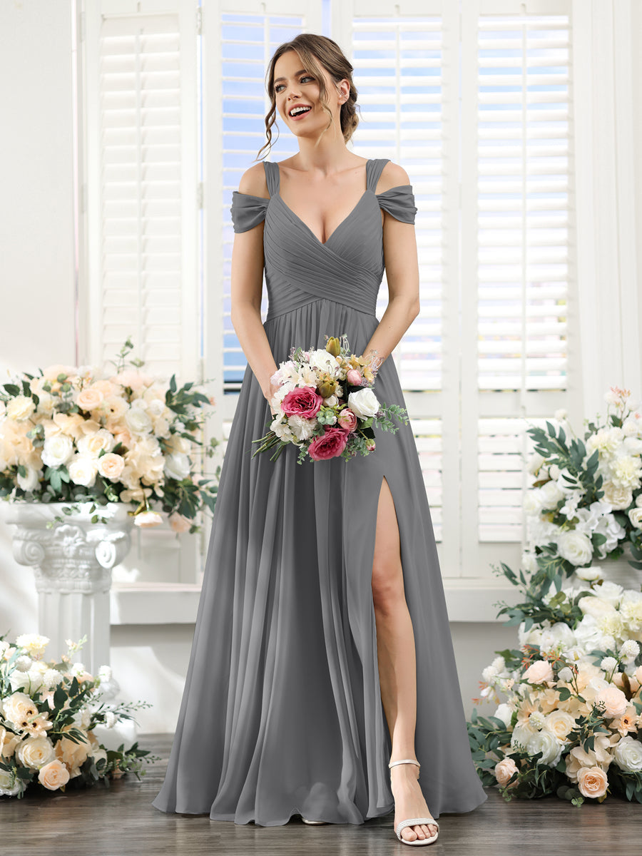 A-Line V-Neck Split Side Ruched Floor-Length Chiffon Bridesmaid Dresses Gray
