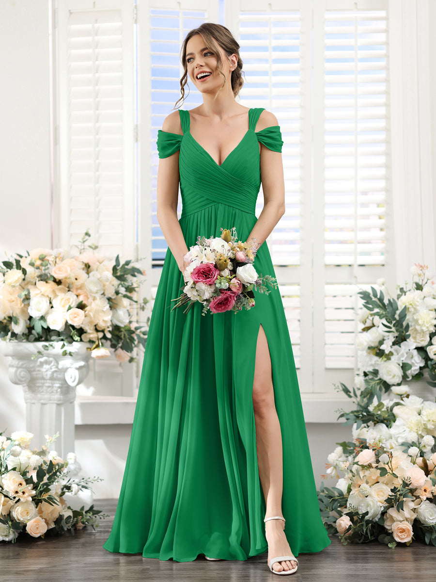 A-Line V-Neck Split Side Ruched Floor-Length Chiffon Bridesmaid Dresses Green