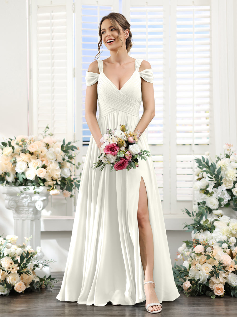 A-Line V-Neck Split Side Ruched Floor-Length Chiffon Bridesmaid Dresses Ivory