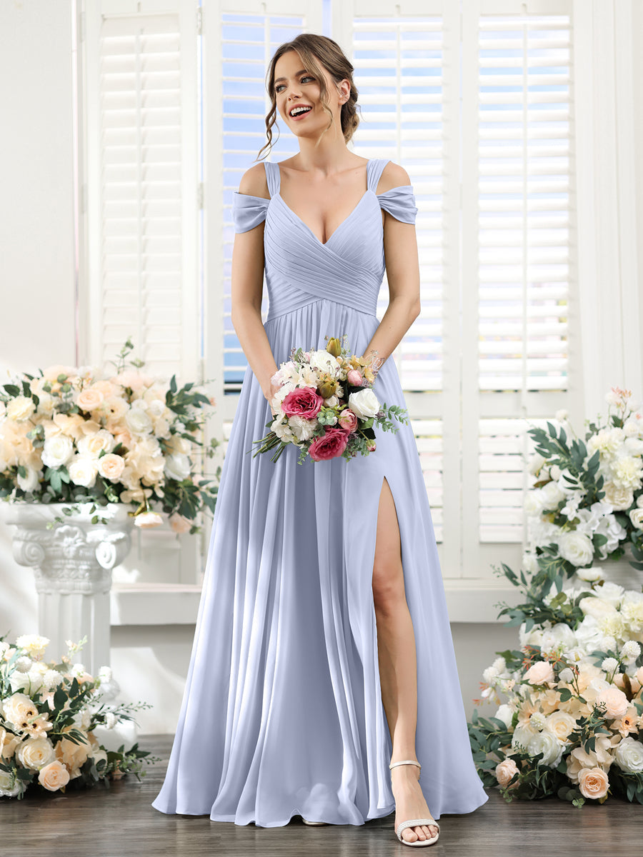 A-Line V-Neck Split Side Ruched Floor-Length Chiffon Bridesmaid Dresses Lavender