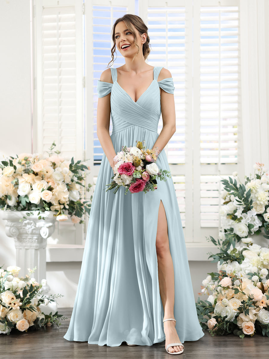 A-Line V-Neck Split Side Ruched Floor-Length Chiffon Bridesmaid Dresses Light Blue