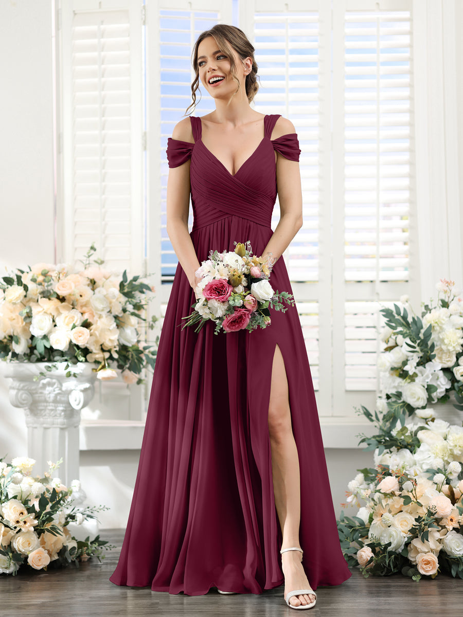 A-Line V-Neck Split Side Ruched Floor-Length Chiffon Bridesmaid Dresses Light Burgundy
