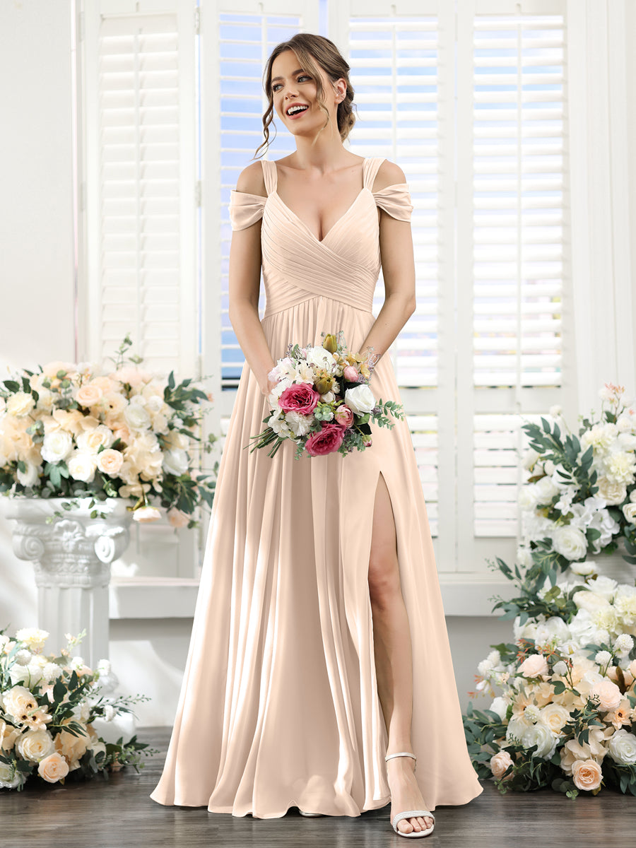 A-Line V-Neck Split Side Ruched Floor-Length Chiffon Bridesmaid Dresses Light Champagne