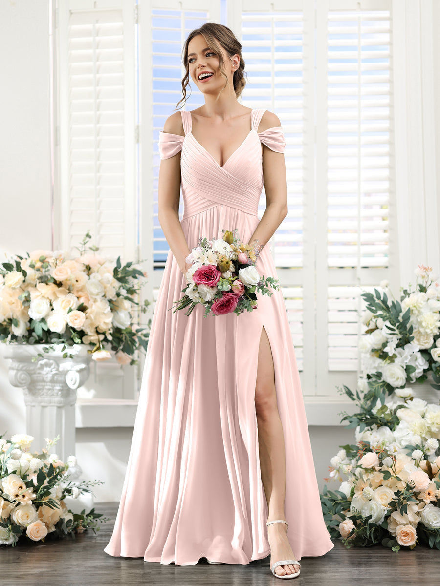 A-Line V-Neck Split Side Ruched Floor-Length Chiffon Bridesmaid Dresses Light Pink