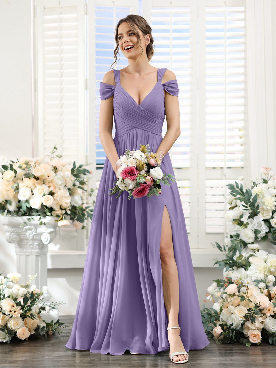 A-Line V-Neck Split Side Ruched Floor-Length Chiffon Bridesmaid Dresses Light Purple
