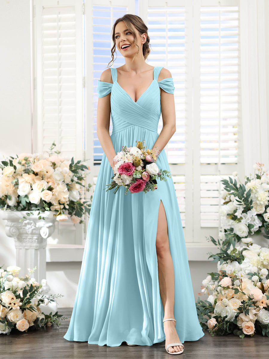 A-Line V-Neck Split Side Ruched Floor-Length Chiffon Bridesmaid Dresses Light Sky Blue