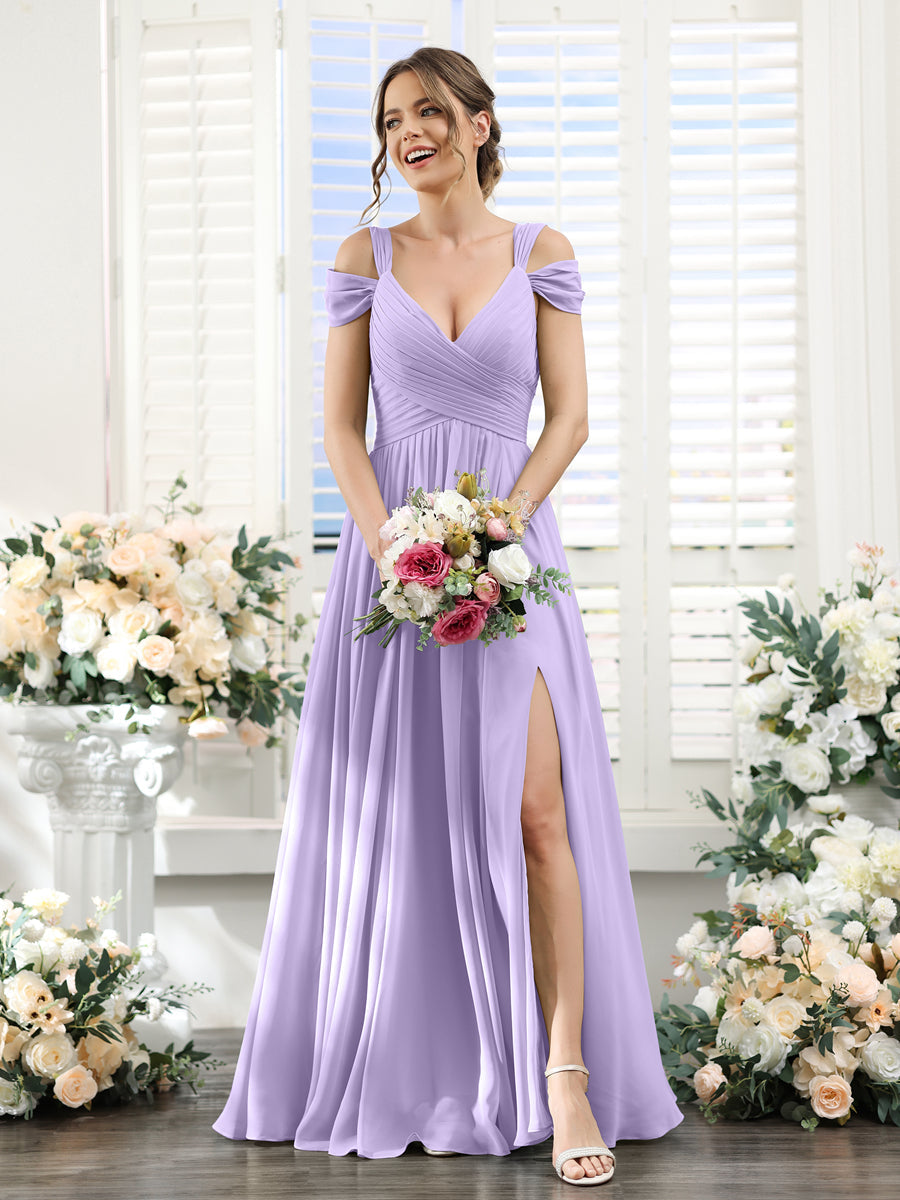 A-Line V-Neck Split Side Ruched Floor-Length Chiffon Bridesmaid Dresses Lilac