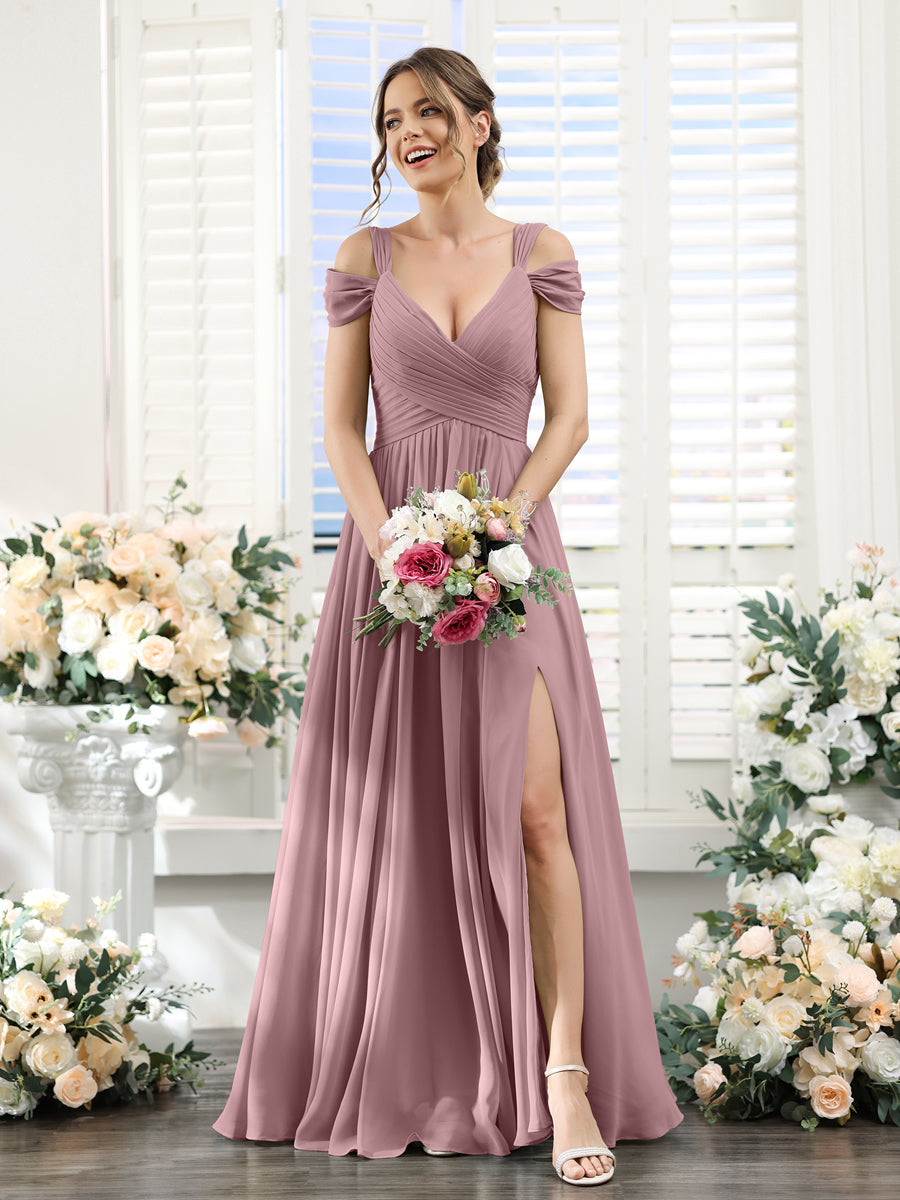A-Line V-Neck Split Side Ruched Floor-Length Chiffon Bridesmaid Dresses Mauve