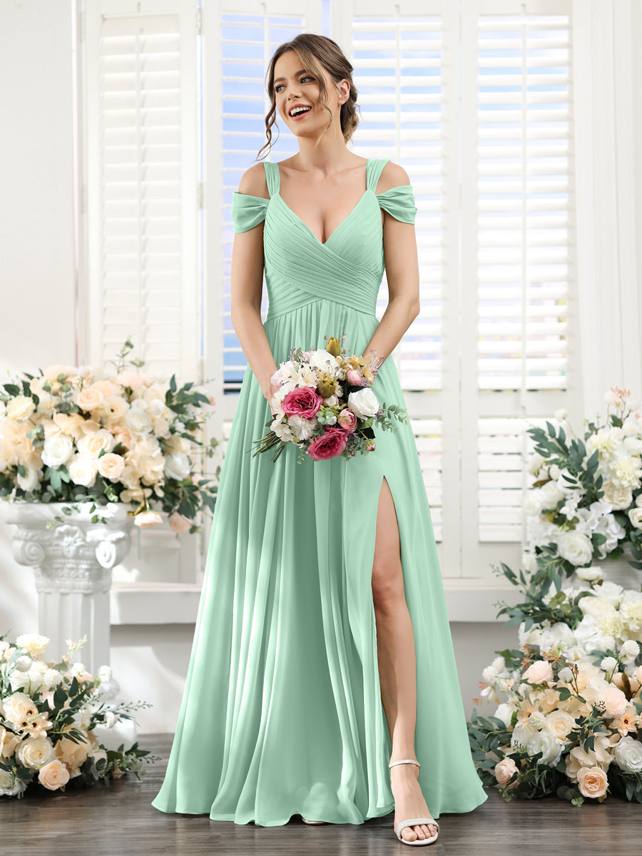 A-Line V-Neck Split Side Ruched Floor-Length Chiffon Bridesmaid Dresses Mint Green
