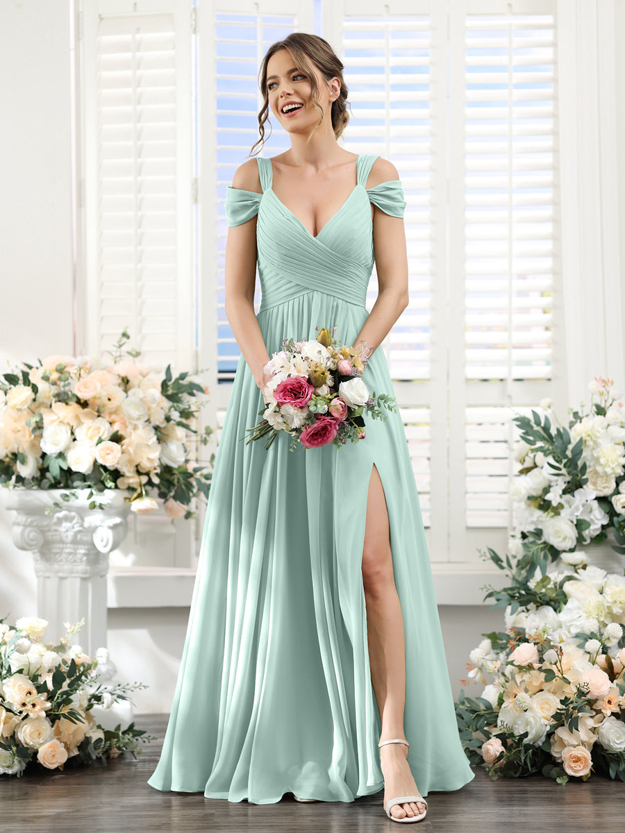 A-Line V-Neck Split Side Ruched Floor-Length Chiffon Bridesmaid Dresses Mist Blue