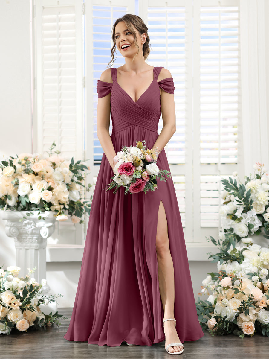 A-Line V-Neck Split Side Ruched Floor-Length Chiffon Bridesmaid Dresses Mulberry